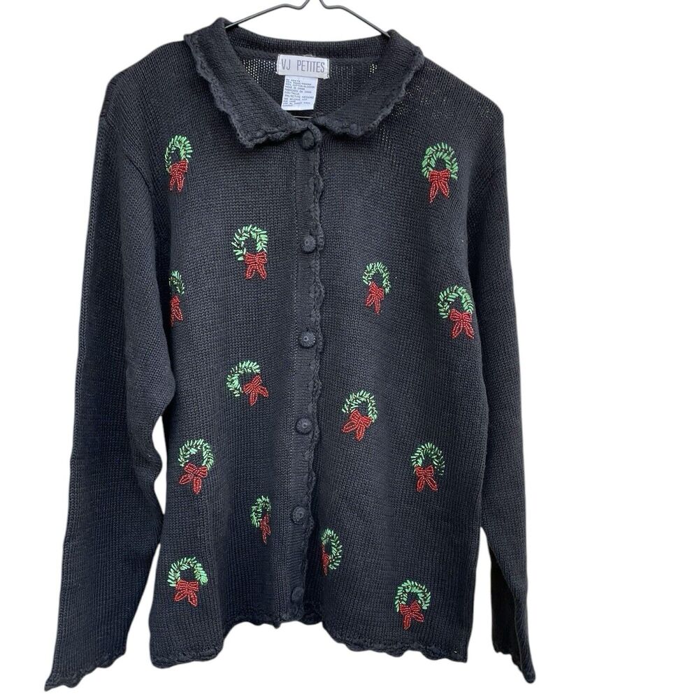 Woman Christmas Black Green Wreath Embroidery Medium Vintage Sweater VJ
